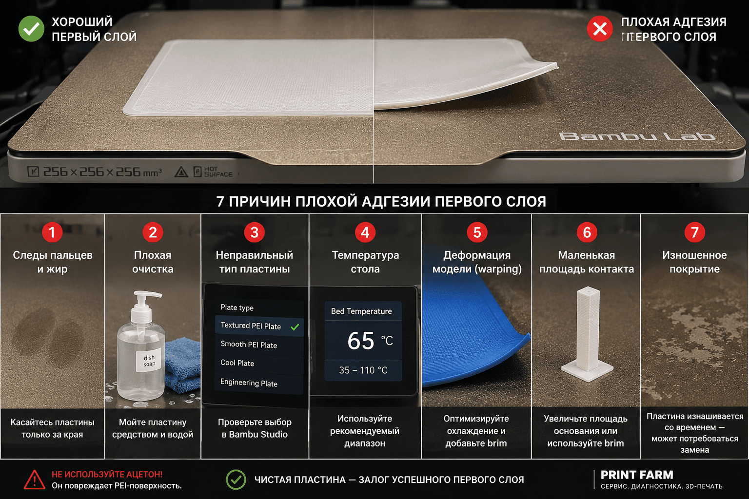 Почему первый слой Bambu Lab не прилипает к PEI: 7 причин и что делать